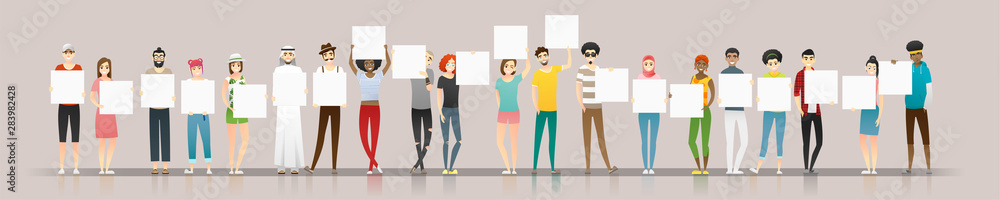 Group of young people holding empty boards , vector , illustration - obrazy, fototapety, plakaty 