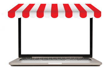 Isolated laptop with blank copyspace with red awning on white background