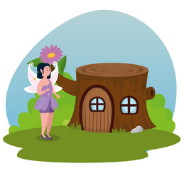 Sticker - girl fairy with trunk tree house and flower