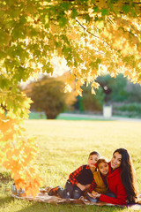 Wall Mural - Cute family in a autumn park. Happy mother with little kids. Family sitting on yellow leaves. Golden autumn.