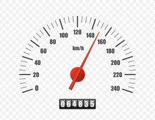 Realistic Speedometer Isolated On Transparent Background. Sport Car Odometer With Motor Miles Measuring Scale. Racing Speed Counter. Engine Power Concept Template. Vector Illustration