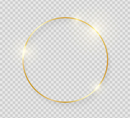 Wall Mural - Gold shiny glowing vintage frame with shadows isolated on transparent background. Golden luxury realistic round border. Vector illustration