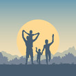 © Василий Солдатов - Happy young family outdoors. Dad, mom and two boys on a background of a sun, forest and mountain landscape. A day in the nature. Silhouettes of people - parents and children. Flat vector illustration.