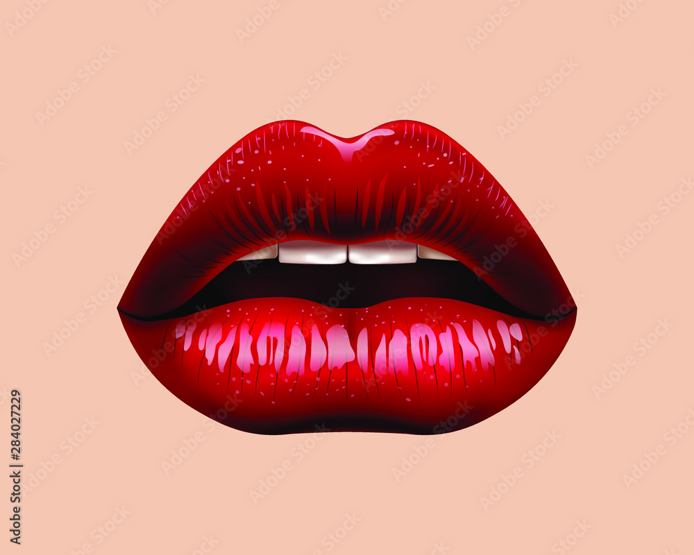 Vector image of beautiful female lips on nude background, red lipstick, 3d. Illustration EPS10 - obrazy, fototapety, plakaty 