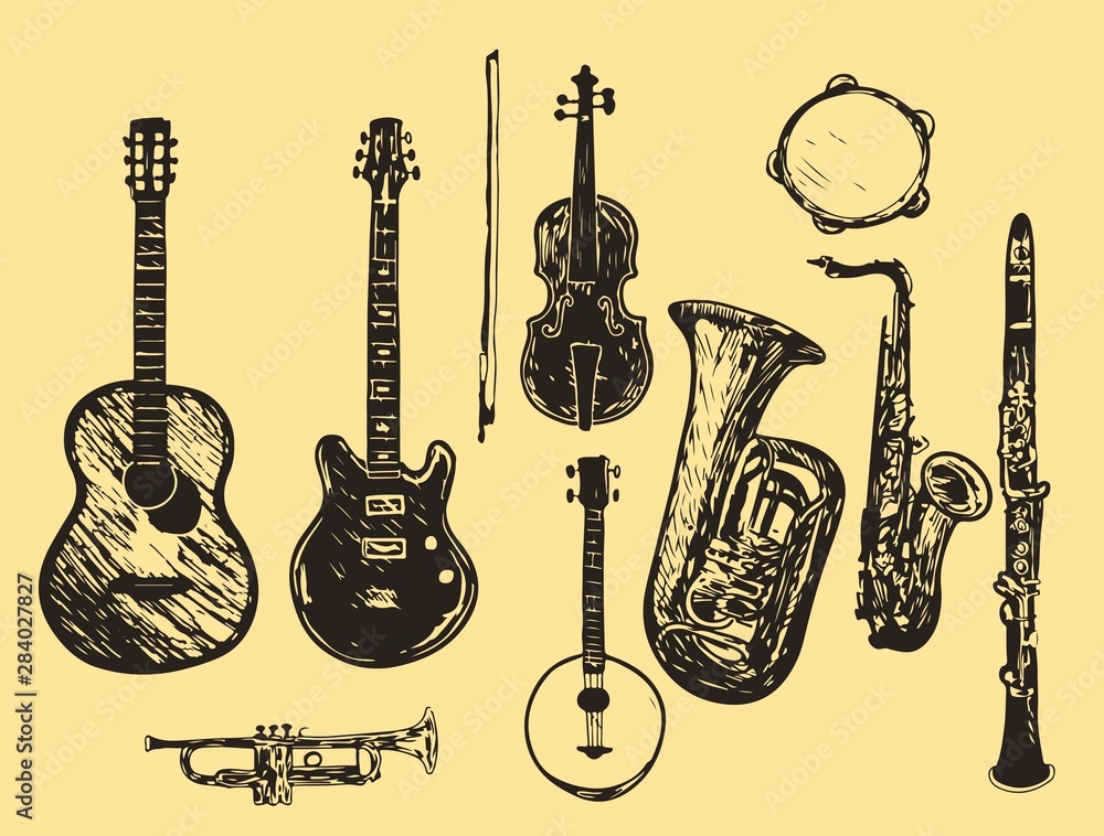 Stylised Instruments Stock-Vektorgrafik „The collection of musical instruments. Stylized ...