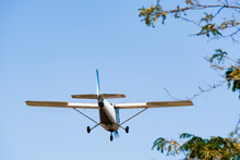 Small, Private Airplane Preparing To Land At A Regional Airport In South San Francisco Bay Area, California; Space For Copy On The Upper Left Side; Tree Branches Visible On The Right Side