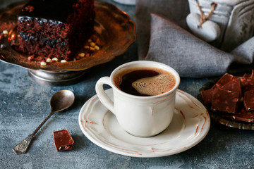 Canvas Print - Cup of coffee and traditional brownie with chocolate