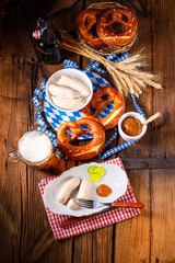 Wall Mural - Weisswurst pretzels and beer for Oktoberfest