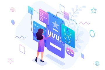 Wall Mural - isometric concept a young woman creates a custom design for a mobile application, ui ux design. conc