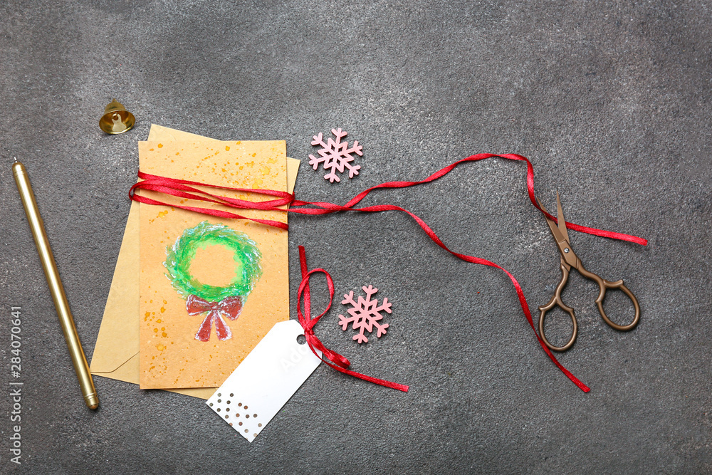 Beautiful greeting card with tag on grey background