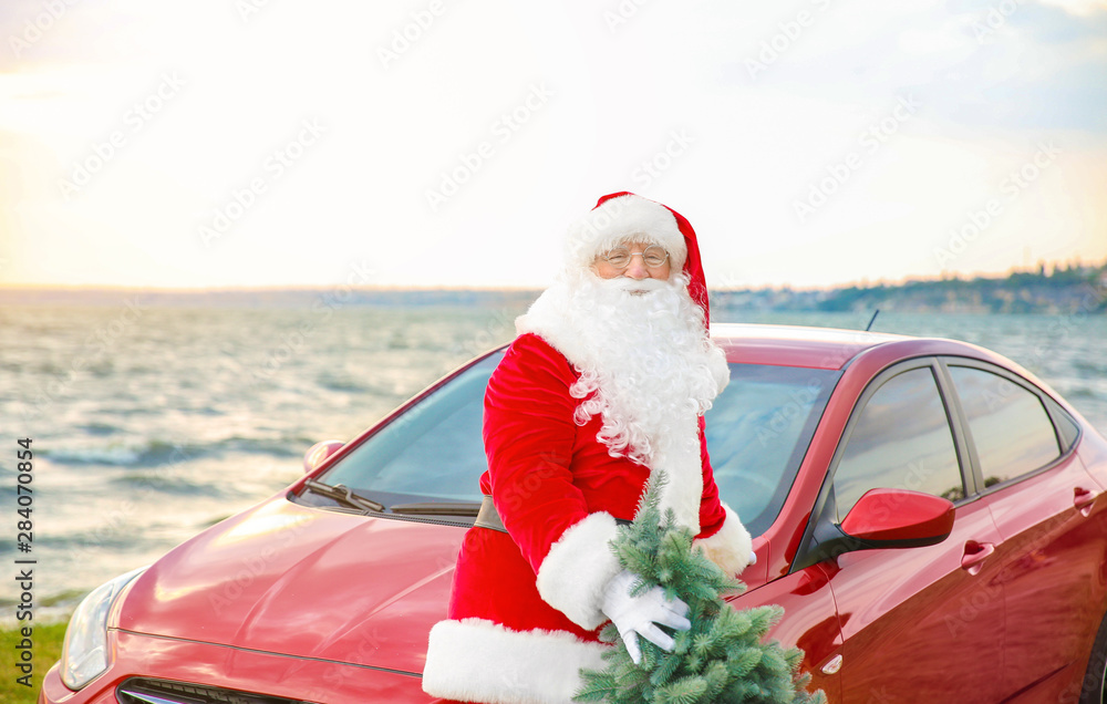 Santa Claus with fir tree near car on riverside