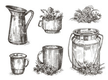 Crockery And Wildflowers. Set Of Sketch Images. Vintage Illustrations.