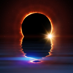 Wall Mural - total sun eclipse water reflection with stars and flare