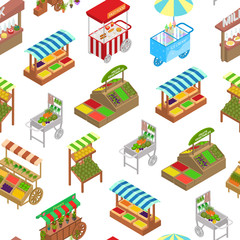 Sticker - Vendor Food Street Signs 3d Seamless Pattern Background Isometric View. Vector