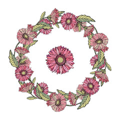 Wall Mural - Wreath save the date. Gerbera chamomile red, pink, yellow, orange. Vector illustration. Summer and autumn flowers. Isolated on white background. Retro, vintage. For cards, banners, congratulations, we