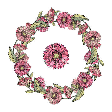 Wreath save the date. Gerbera chamomile red, pink, yellow, orange. Vector illustration. Summer and autumn flowers. Isolated on white background. Retro, vintage. For cards, banners, congratulations, we