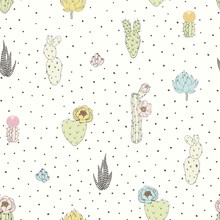 Seamless Doodle Abstract Pattern With Cacti And Dots. Vector Floral Illustration.