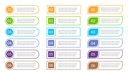 Set of 6 steps buttons, web infographic elements, options vector illustration.