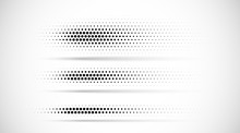 Set Of Halftone Dots Gradient Pattern Texture Isolated On White Background. Straight Dotted Spots Using Halftone Circle Dot Raster Texture. Vector Blot Half Tone Collection. Divider Lines.