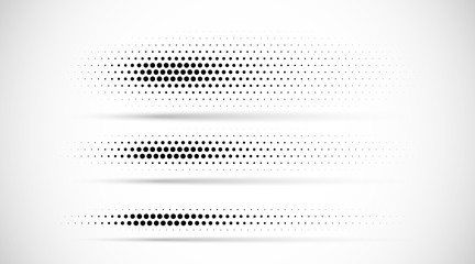 Wall Mural - Set of halftone dots gradient pattern texture isolated on white background. Straight dotted spots using halftone circle dot raster texture. Vector blot half tone collection. Divider lines.
