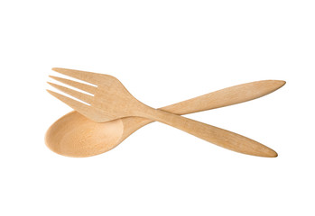 wood spoon and fork isolated on white background, Eco kitchen equipment