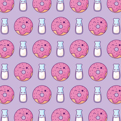 Sticker - pattern of delicious donuts with bottles milk kawaii style