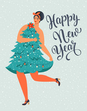 Girl In Christmas Tree Dress Forms. Christmas And Happy New Year Illustration. Trendy Retro Style. Vector Design Template.