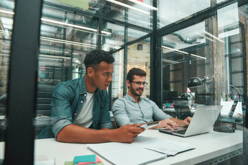 Young cowokers. Two smart and handsome men looking at screen of laptop and discussing new project while working in modern office