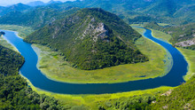 Panormic View Of Lake Skadar In Montenegro, Famous Site Touristic With River And Mountain