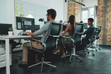 Office routine. Back view of young employees working on computers while sitting at desk in modern open space