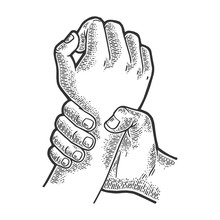 Hand catches other hand sketch engraving vector illustration. Scratch board style imitation. Black and white hand drawn image.