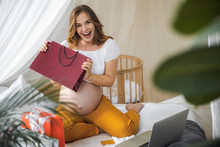 Happy Pregnant Lady Holding Shopping Bag And Smiling