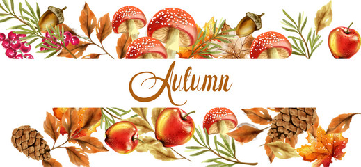 Wall Mural - Autumn harvest banner Vector. Fall muchrooms and fruits decor posters