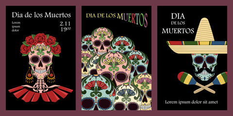 Sticker - Set of vector illustrations for the day of the dead. Mexican skulls. Design elements for flyer, postcard, poster, banner.