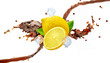 Traditional black or red tea 3D splash swirl with lemon, ice, and tea droplets. Hot or cold ice herb tea splashing, isolated. Liquid refreshing drink, soft drink, cola, cocktail label design element