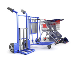 a set of supermarket trolleys for different loads 3d render on white