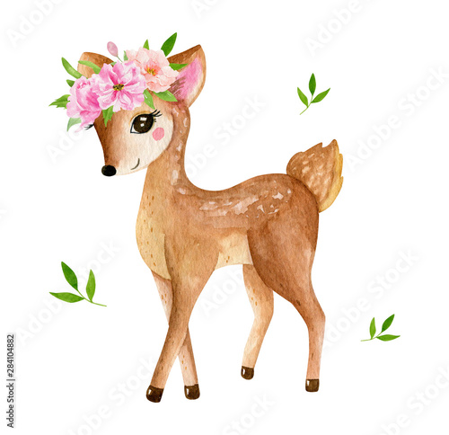 Fototapeta na szkło Cute baby deer animal for kindergarten, nursery isolated illustration for children clothing, pattern. Watercolor Hand drawn for phone cases design, nursery posters, postcards