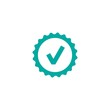 © Ne Mariya - Valid check Seal icon. Blue circle with ribbon outline and blue tick. Flat OK sticker icon.