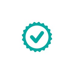 Valid check Seal icon. Blue circle with ribbon outline and blue tick. Flat OK sticker icon.