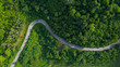 aerial above view green mountain forest in the rain season and curved road on the hill connecting countryside