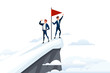 © Alfmaler - Businessman climbed to the top of the mountain team work concept red flag on snowy mountain peak with clouds landscape flat vector illustration
