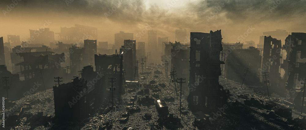 Apocalypse survivor concept, Ruins of a city. Apocalyptic landscape 3d render , 3d illustration concept - obrazy, fototapety, plakaty 