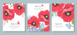 Set of postcards with wild flowers: poppy leaves, buds, ladybug and butterfly. Red vector poppy flowers for wedding invitation templates banners greeting cards cover design brochure posters. Vector