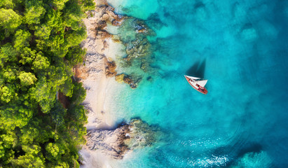 Wall Mural - croatia. panoramic coast and yacht as a background from top view. turquoise water background from to
