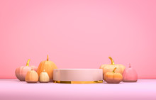 Abstract 3d Halloween Backdrop With Pastel Pink Cylinder Box And Pumpkins For Products Display. Halloween Background.