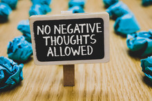 Handwriting Text Writing No Negative Thoughts Allowed. Concept Meaning Always Positive Motivated Inspired Good Vibes Stand Blackboard With White Words Behind Blurry Blue Paper Lobs Woody Floor