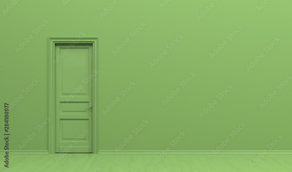The interior of the room  in plain monochrome green color with single door. Green background with copy space. 3D rendering illustration. - obrazy, fototapety, plakaty 