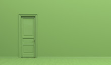 The Interior Of The Room  In Plain Monochrome Green Color With Single Door. Green Background With Copy Space. 3D Rendering Illustration.