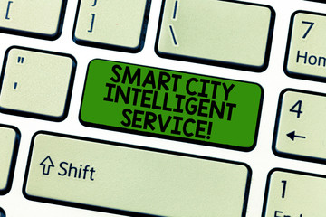 Handwriting text Smart City Intelligent Service. Concept meaning Connected technological modern cities Keyboard key Intention to create computer message, pressing keypad idea