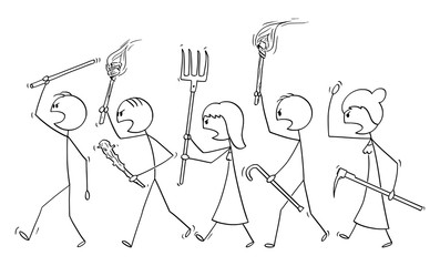 Sticker - Vector cartoon stick figure drawing conceptual illustration of angry mob characters walking with torch and tools like pitchfork as weapons. Empty speech bubble ready for your text.